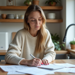 Femme organisée examinant des papiers près d’un système de récupération d’eau