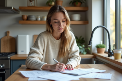 Femme organisée examinant des papiers près d’un système de récupération d’eau
