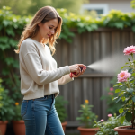 Femme en jardinage pulvérisant un fongicide sur une rose