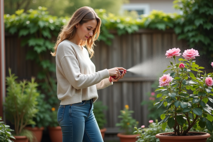 Femme en jardinage pulvérisant un fongicide sur une rose