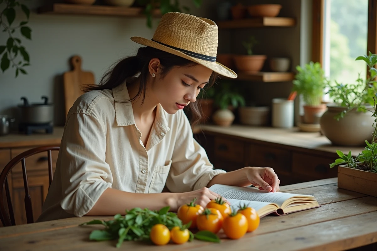 Jeune femme étudiant des feuilles de tomate dans la cuisine