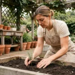 Femme plantant du thym dans un jardin surélevé en bois sans engrais, les mains dans la terre sombre et fertile