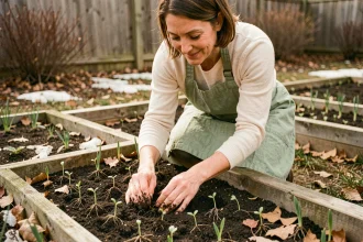 Femme préparant des plantations printanières dans un jardin résidentiel, pressant des jeunes plants dans une terre humide et sombre au début du printemps
