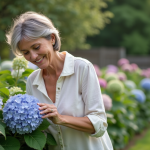 Femme en blouse légère prune hydrangeas dans un jardin