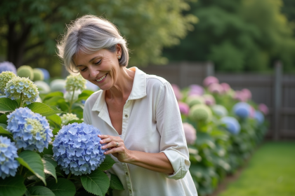 Femme en blouse légère prune hydrangeas dans un jardin