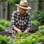 Femme récoltant des feuilles de salade dans un jardin