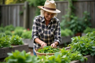 Femme récoltant des feuilles de salade dans un jardin