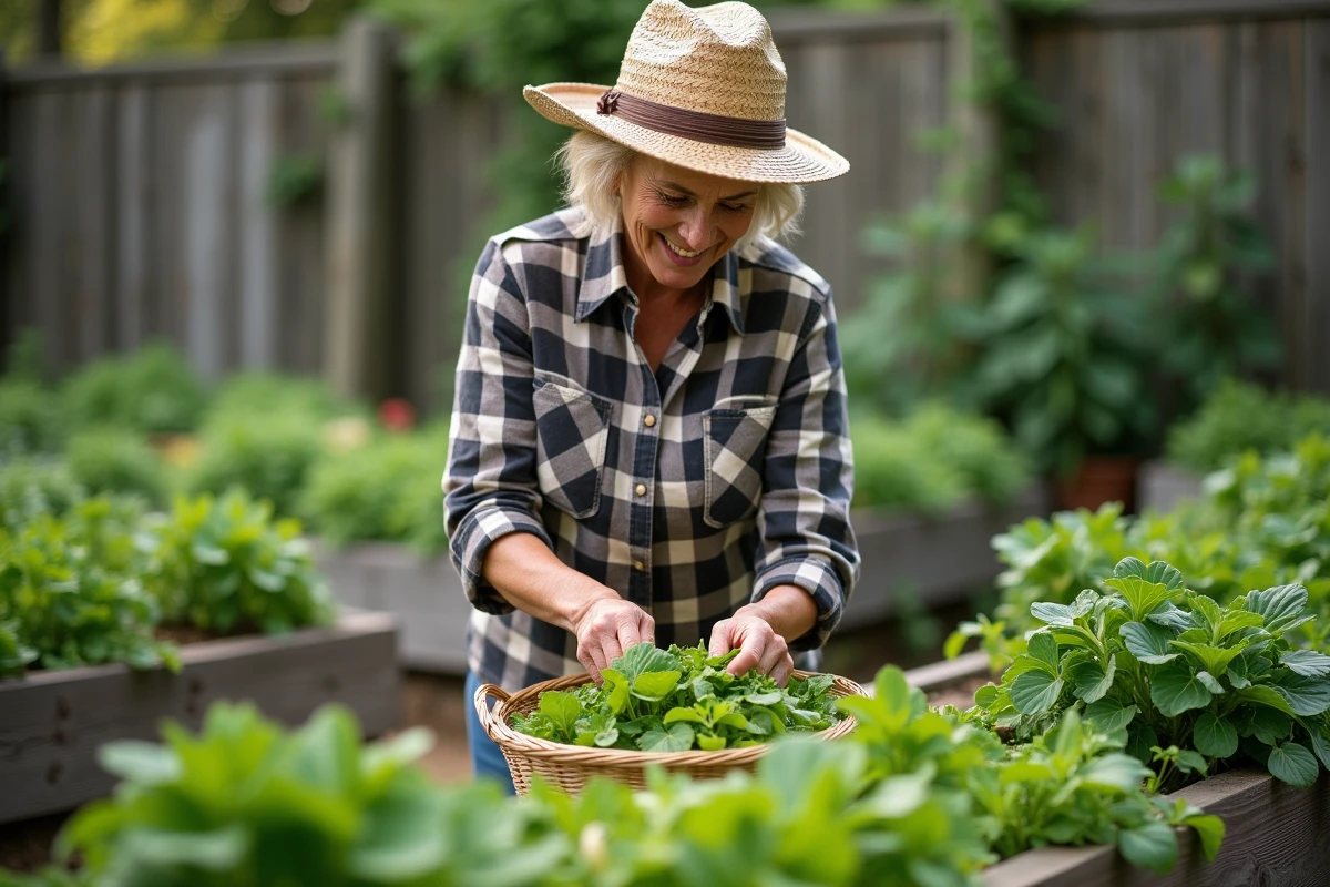 Femme récoltant des feuilles de salade dans un jardin