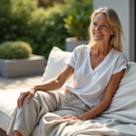 Femme touchant la housse de canapé extérieur en plein soleil