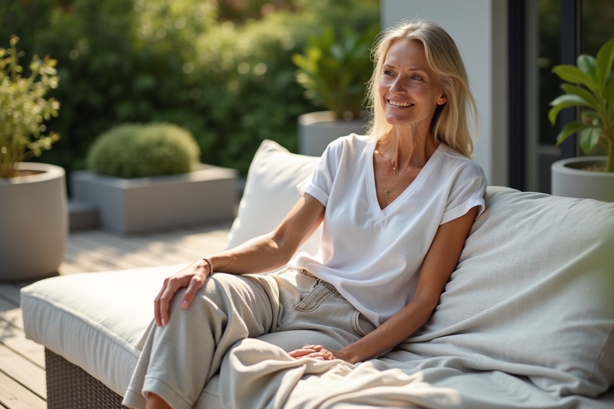 Femme touchant la housse de canapé extérieur en plein soleil