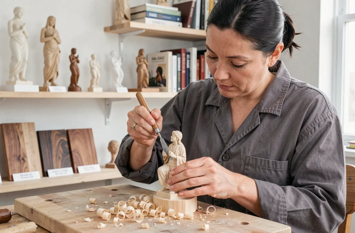 Femme sculptant une figurine en bois de tilleul avec une gouge dans un atelier home studio