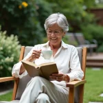 Femme souriante lisant dans un fauteuil de jardin en lin