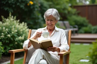 Femme souriante lisant dans un fauteuil de jardin en lin
