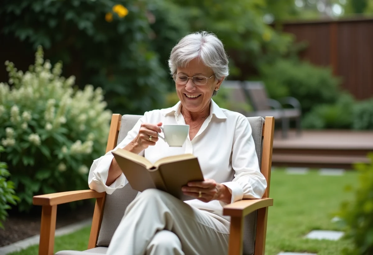 Femme souriante lisant dans un fauteuil de jardin en lin