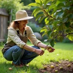 Femme en jardin taillant un figuier dans un jardin verdoyant