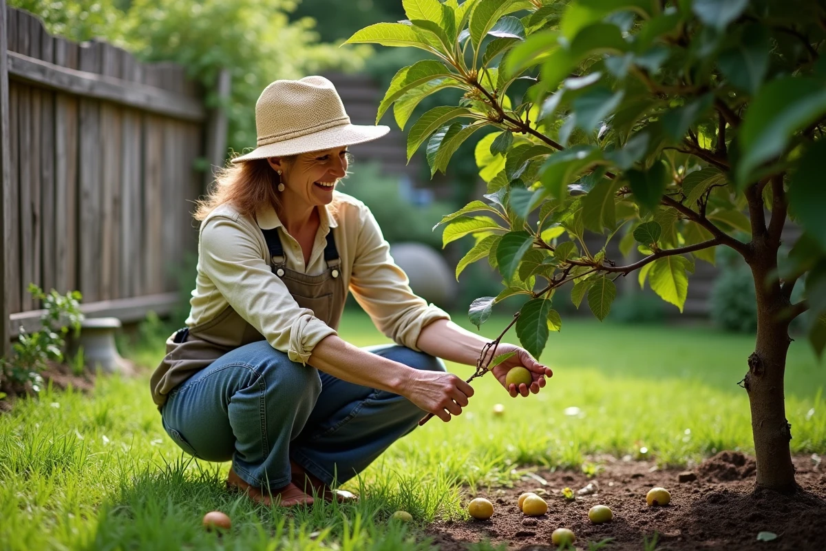 Femme en jardin taillant un figuier dans un jardin verdoyant