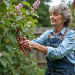 Femme en jardin taillant un lilas avec soin