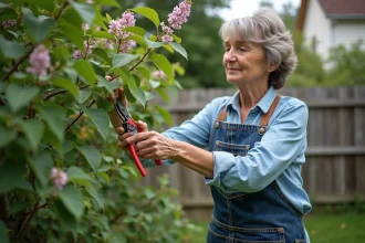 Femme en jardin taillant un lilas avec soin