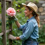 Femme en jardin taillant un rosier grimpant dans un jardin paisible