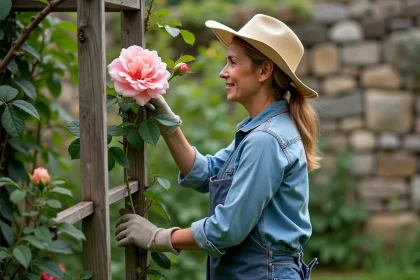 Femme en jardin taillant un rosier grimpant dans un jardin paisible