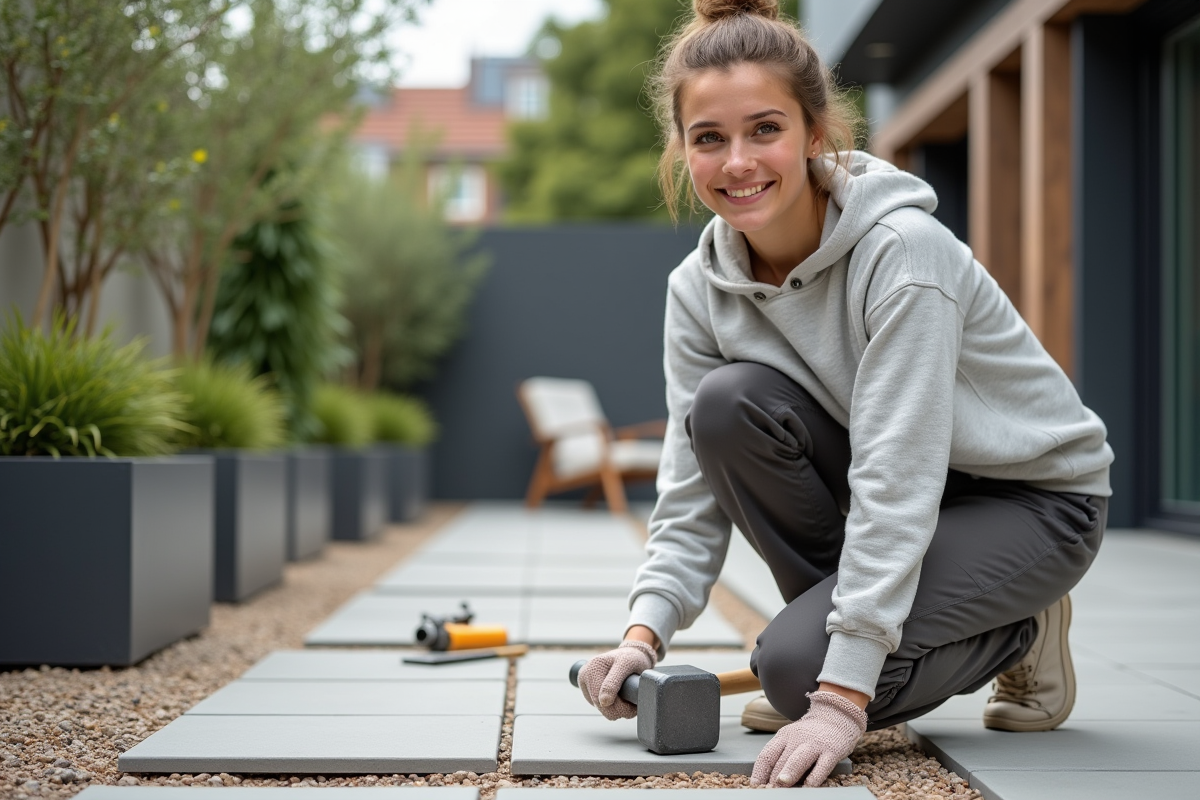 Jeune femme posant une tuile avec un marteau dans un extérieur