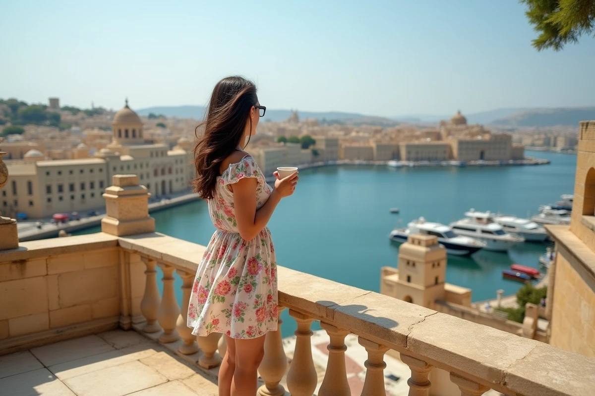 Femme contemplant la vue sur le Grand Port depuis les jardins Upper Barrakka à Malte