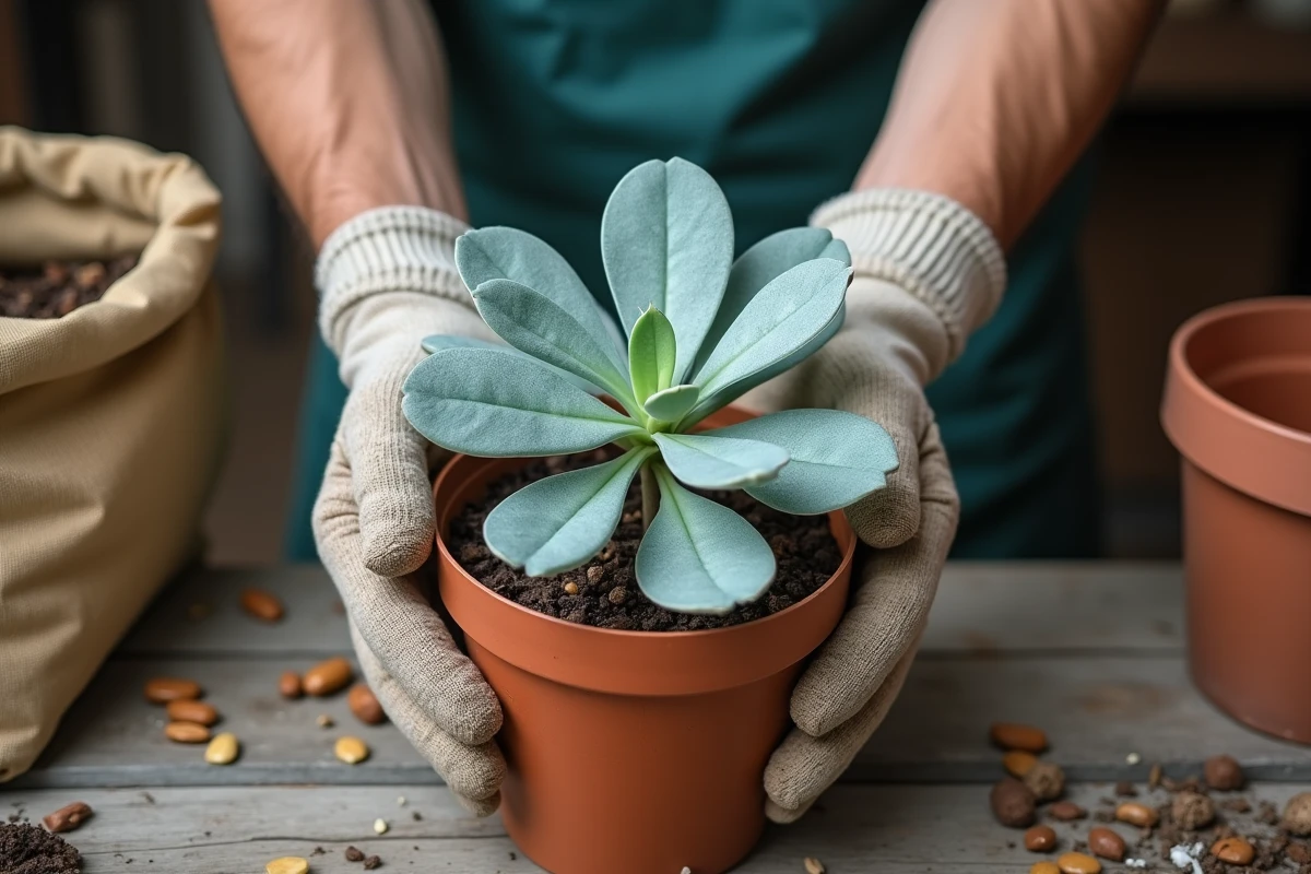 Feuillage argenté d'un eucalyptus Cider Gum en pot tenu par un jardinier dans un atelier de rempotage