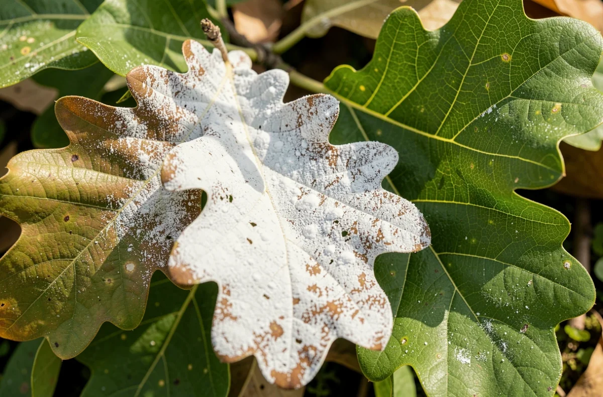 Feuilles de chêne couvertes d'un feutrage blanc d'oïdium