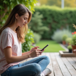 Jeune femme esquissant un plan de jardin sur smartphone