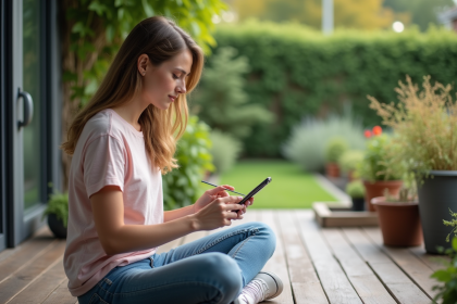 Jeune femme esquissant un plan de jardin sur smartphone