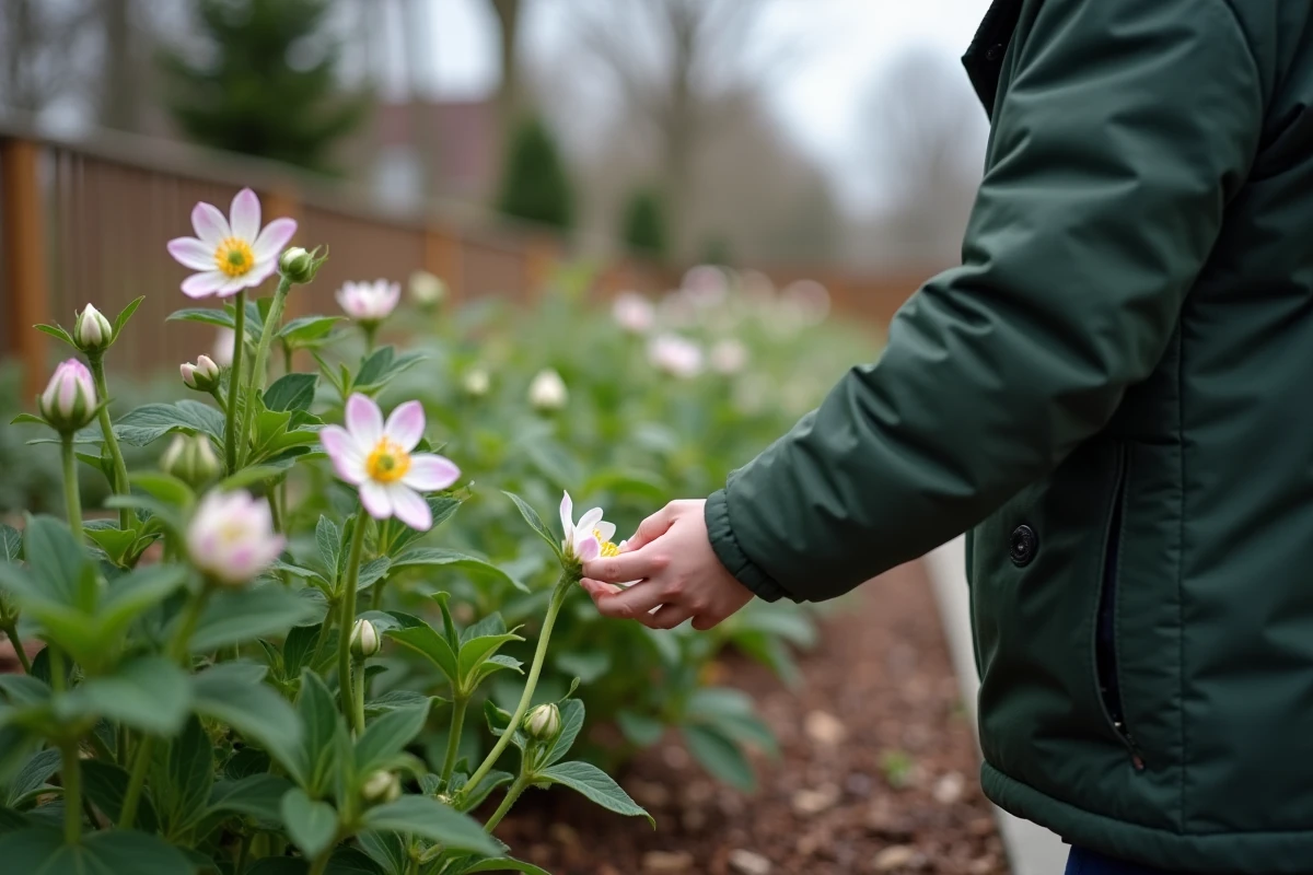 Jeune garçon touchant des fleurs d’heather et hellebores au jardin