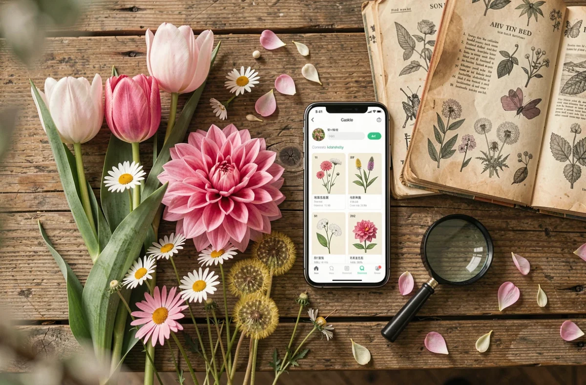 Composition à plat de fleurs de jardin et sauvages avec une application d'identification botanique sur smartphone