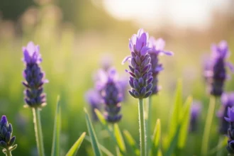 Gros plan sur des fleurs mauves sauvages dans une prairie au printemps, montrant les détails des pétales et des tiges