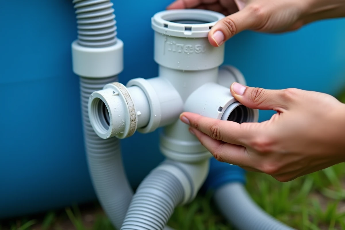 Gros plan sur les raccords de tuyaux d'une pompe de piscine Intex avec traces d'humidité indiquant une fuite au niveau des connecteurs filetés