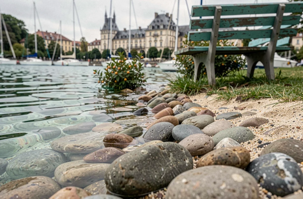 Gros plan sur les galets et l'eau transparente du lac d'Annecy depuis le bord d'un parc avec banc en bois