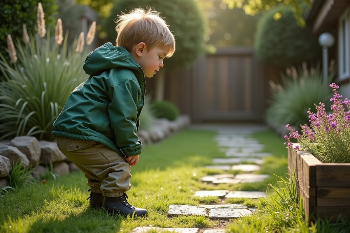 Jeune garçon sentant le thym dans un jardin familial
