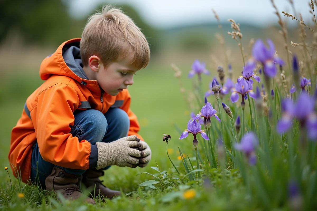 Jeune garçon observant un bourdon sur des fleurs
