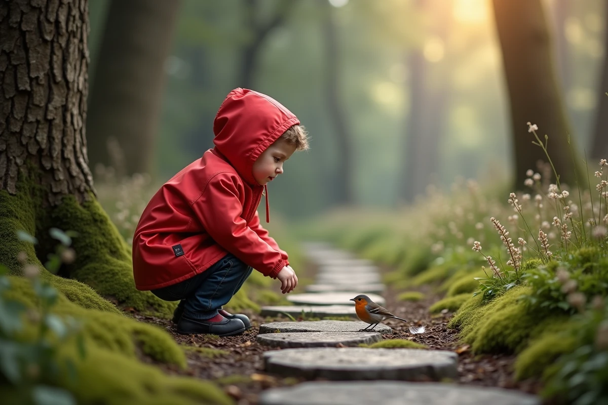 Jeune garçon en imperméable rouge observant une plume dans la forêt