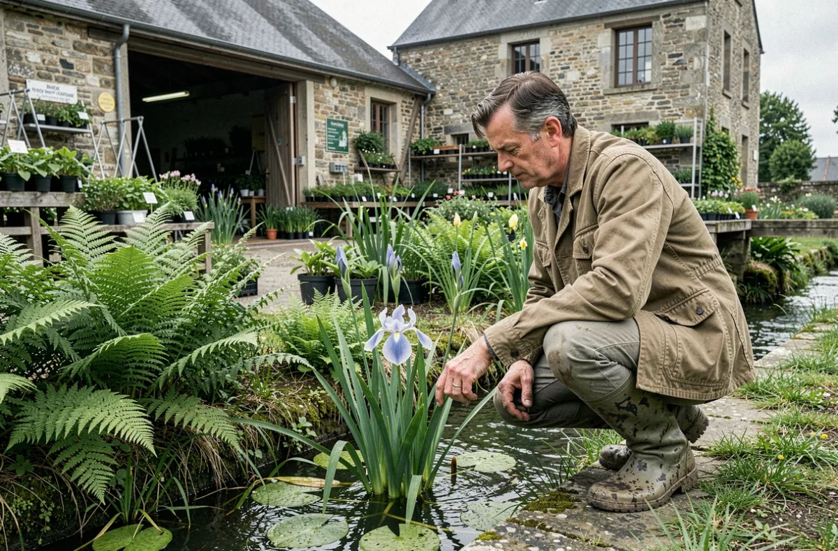 La Gare aux Plantes dans le Pays d'Auge avec une ancienne gare rénovée en pépinière au bord de l'Orbiquet, un jardinier inspectant des plantes aquatiques