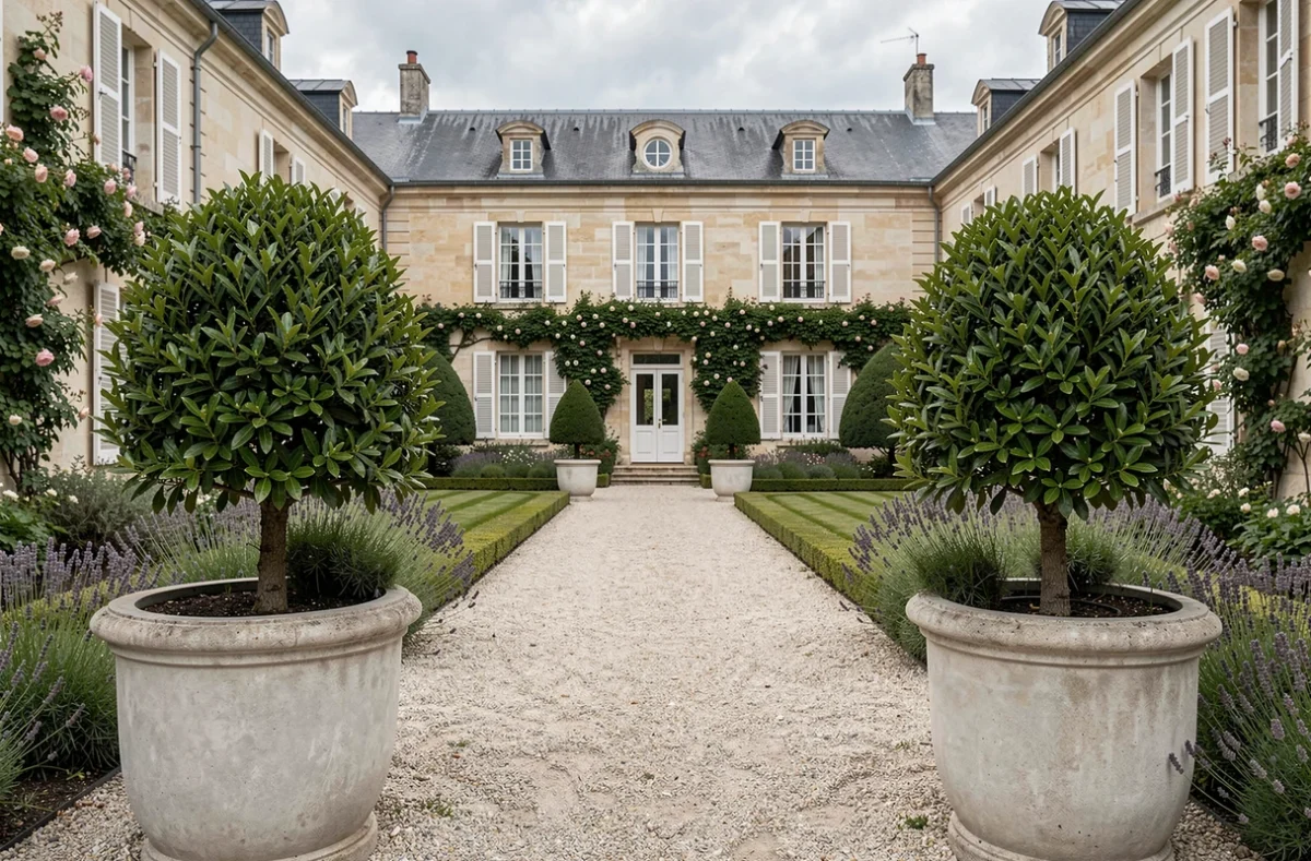 Deux grands pots extérieurs en béton de 100 cm avec lauriers taillés encadrant une allée de jardin à la française