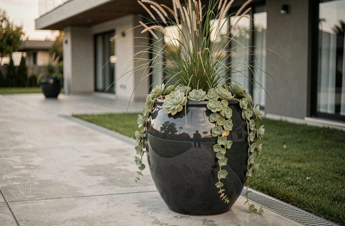 Grand pot de fleur extérieur anthracite 100 cm en céramique émaillée sur terrasse contemporaine avec allée en béton poli