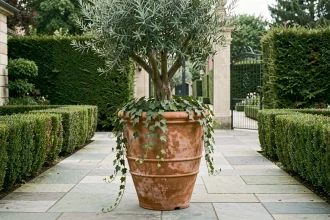 Grand pot de fleur extérieur en terre cuite de 100 cm avec olivier placé en entrée d'allée élégante pavée