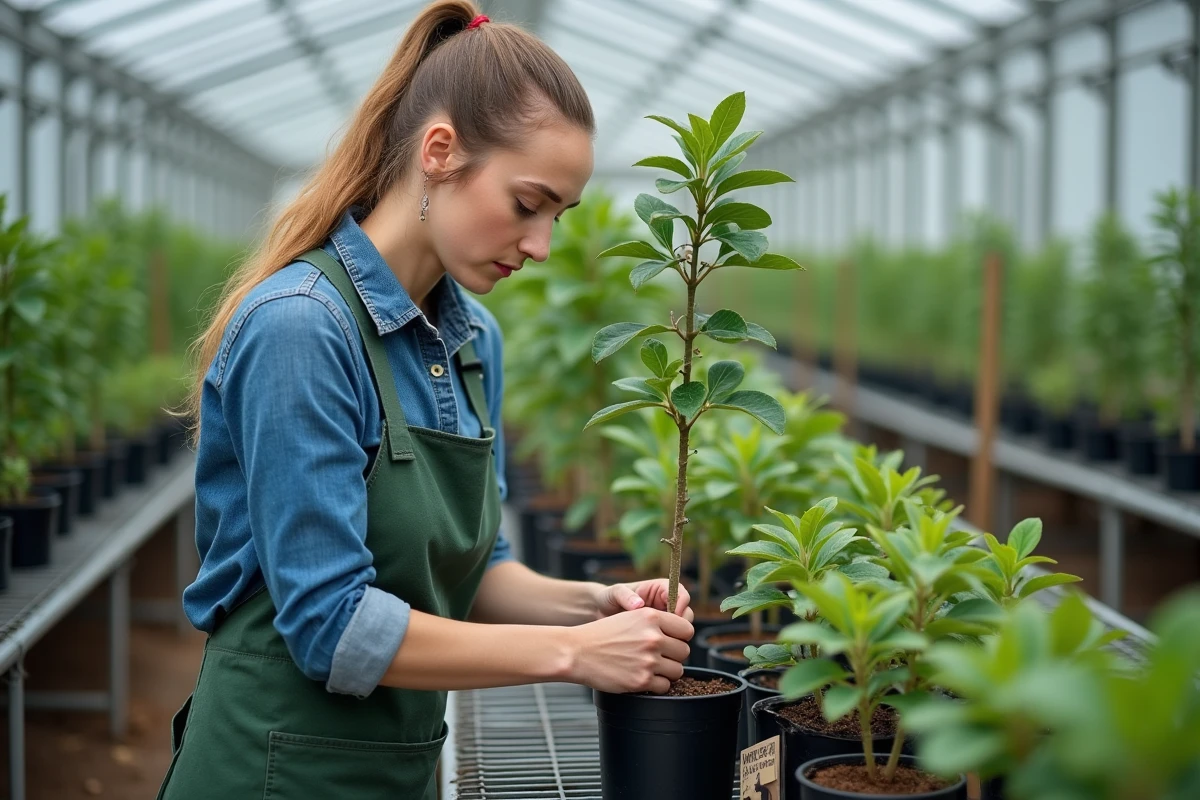 Étudiante en horticulture réalisant un greffage sur un porte-greffe de noyer en serre