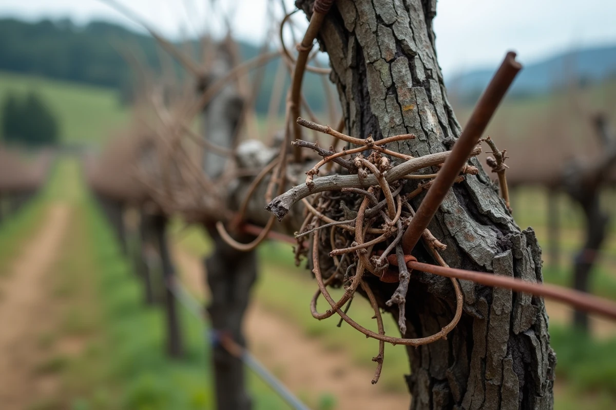 Gros plan sur le bois vieux et enchevêtré d'une vigne négligée avec des rameaux croisés et une coupe de taille récente