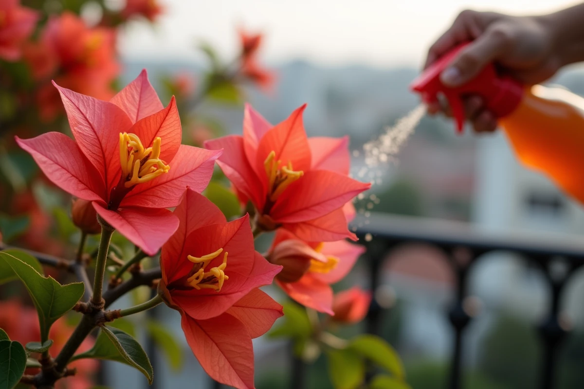 Gros plan sur des bractées de bougainvillier en fleur avec apport d'engrais liquide sur balcon urbain