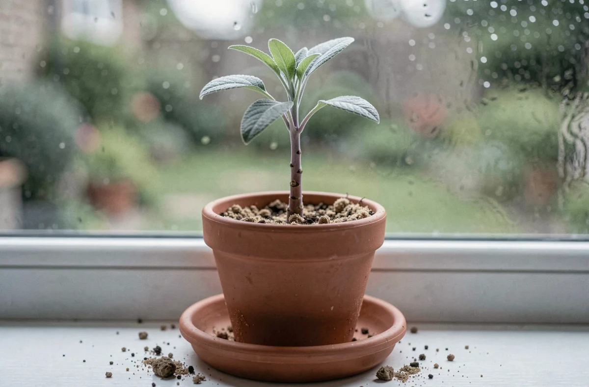 Gros plan sur une bouture de lavande plantée dans un pot en terre cuite avec de la poudre d'hormones