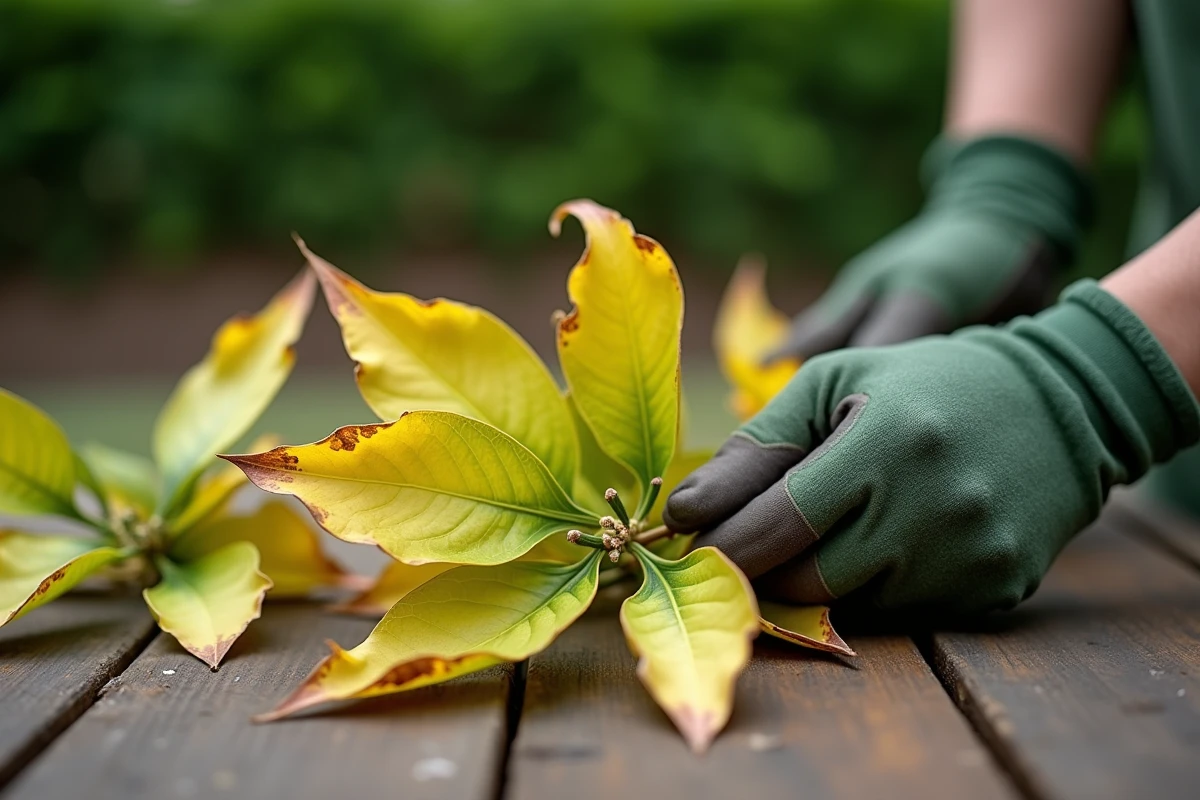 Gros plan sur des feuilles de laurier rose jaunies tenues par une main gantée pour diagnostic