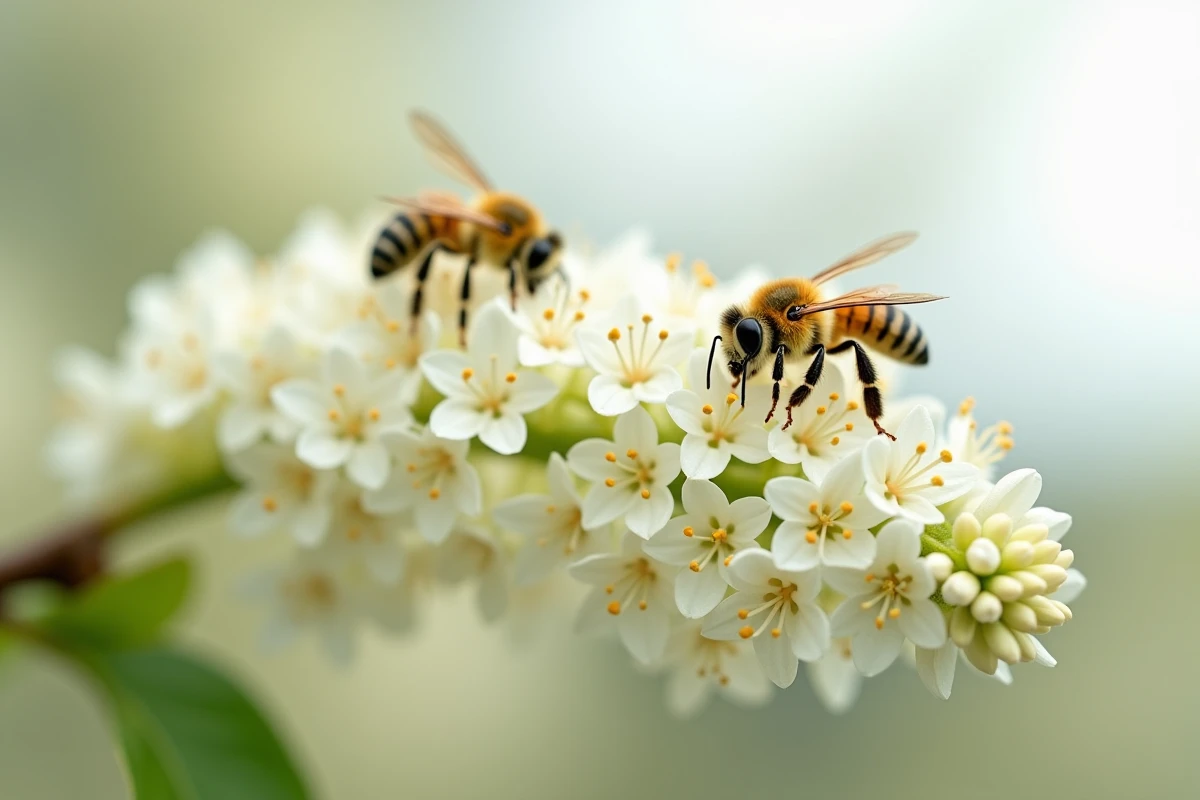 Gros plan sur une panicule de lilas du Japon avec des abeilles mellifères recouvertes de pollen