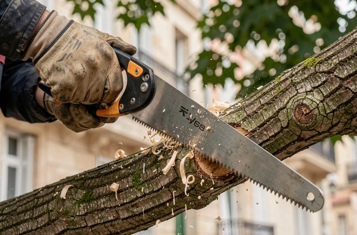 Gros plan des mains d'un élagueur utilisant une scie professionnelle sur une branche d'arbre à La Rochelle