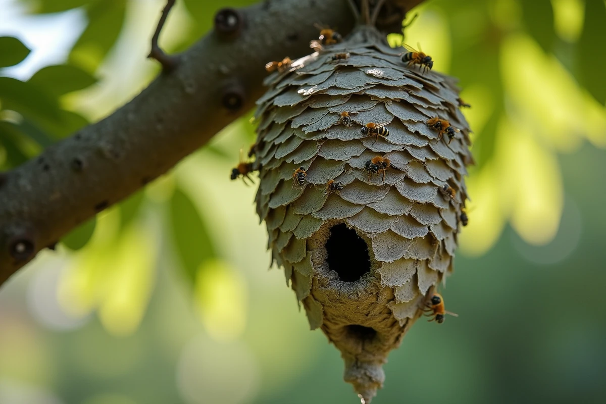 Gros plan sur un nid de frelons asiatiques accroché à une branche d'arbre avec des frelons visibles sur la surface